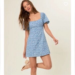 ALTAR’D STATE Valarie puff sleeve mini dress size XL blue white ditzy floral